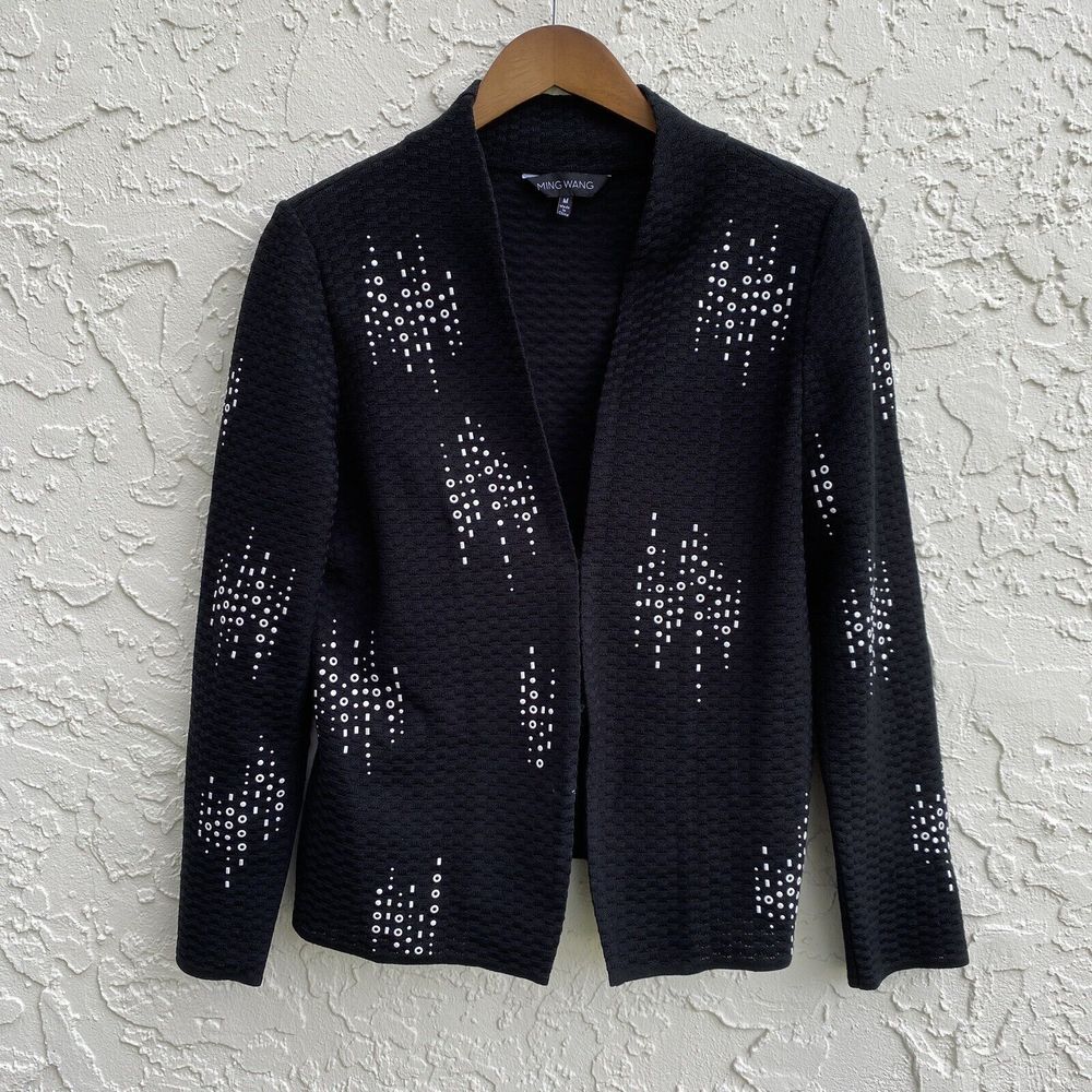 Ming Wang M Blazer Jacket Sweater Knit Black Artsy Art To Wear Hook Eye Acrylic